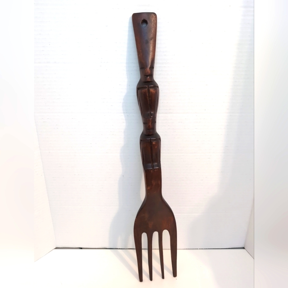 Vintage Wooden Tiki Totem Hand‎ Carved Wall Fork 21"